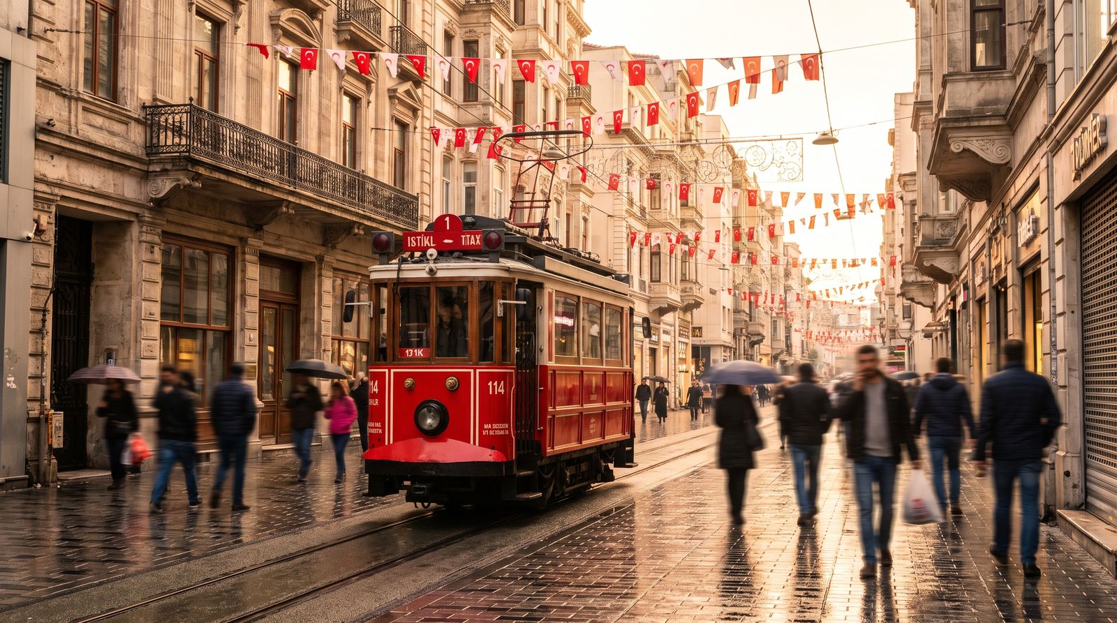 The nostalgic red tram on Istiklal Avenue in Istanbul in morning light