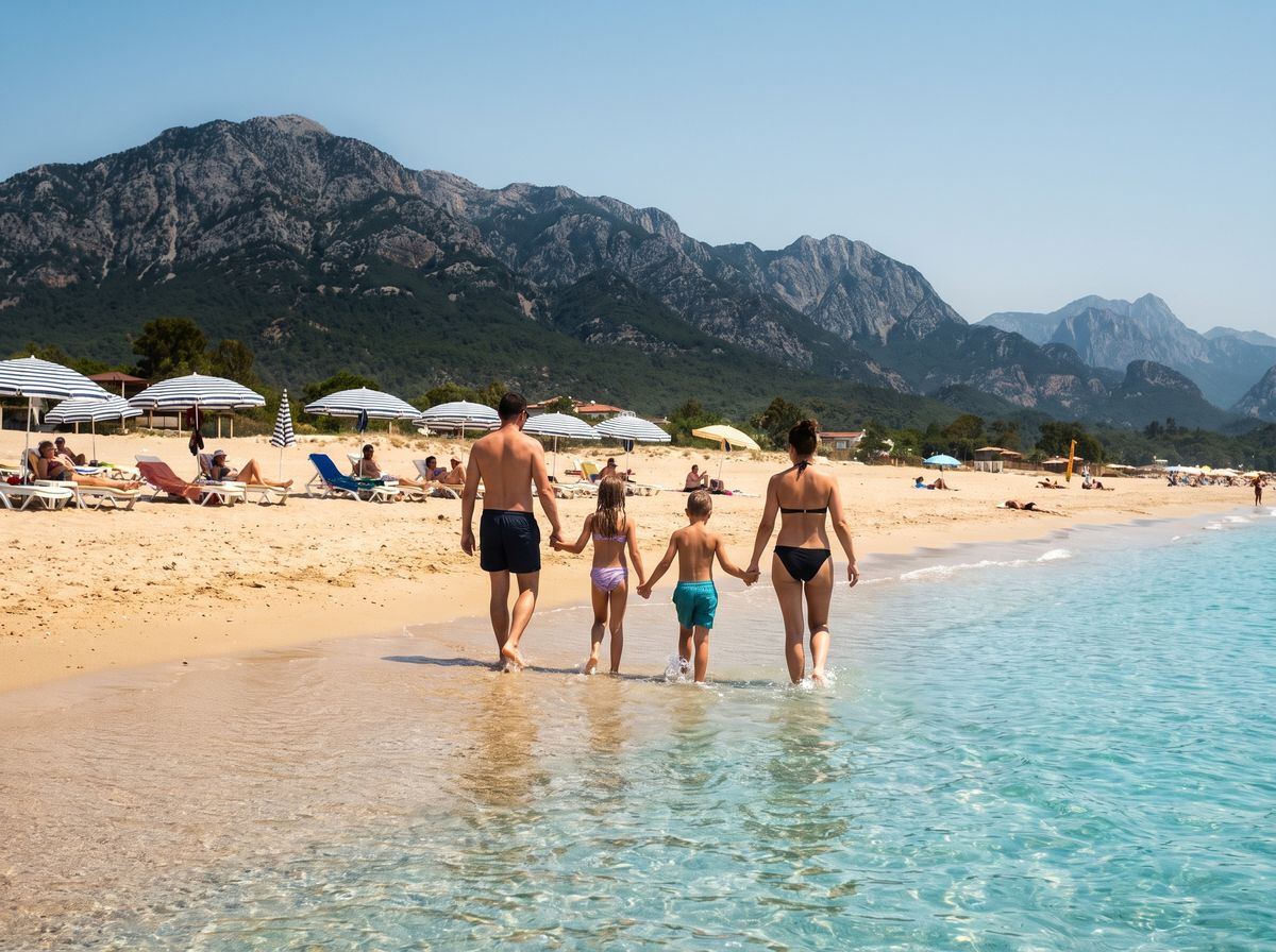Turquoise Mediterranean water meeting the white pebble shoreline of Konyaalti Beach in Antalya, with the Bey Mountains rising behind the coast