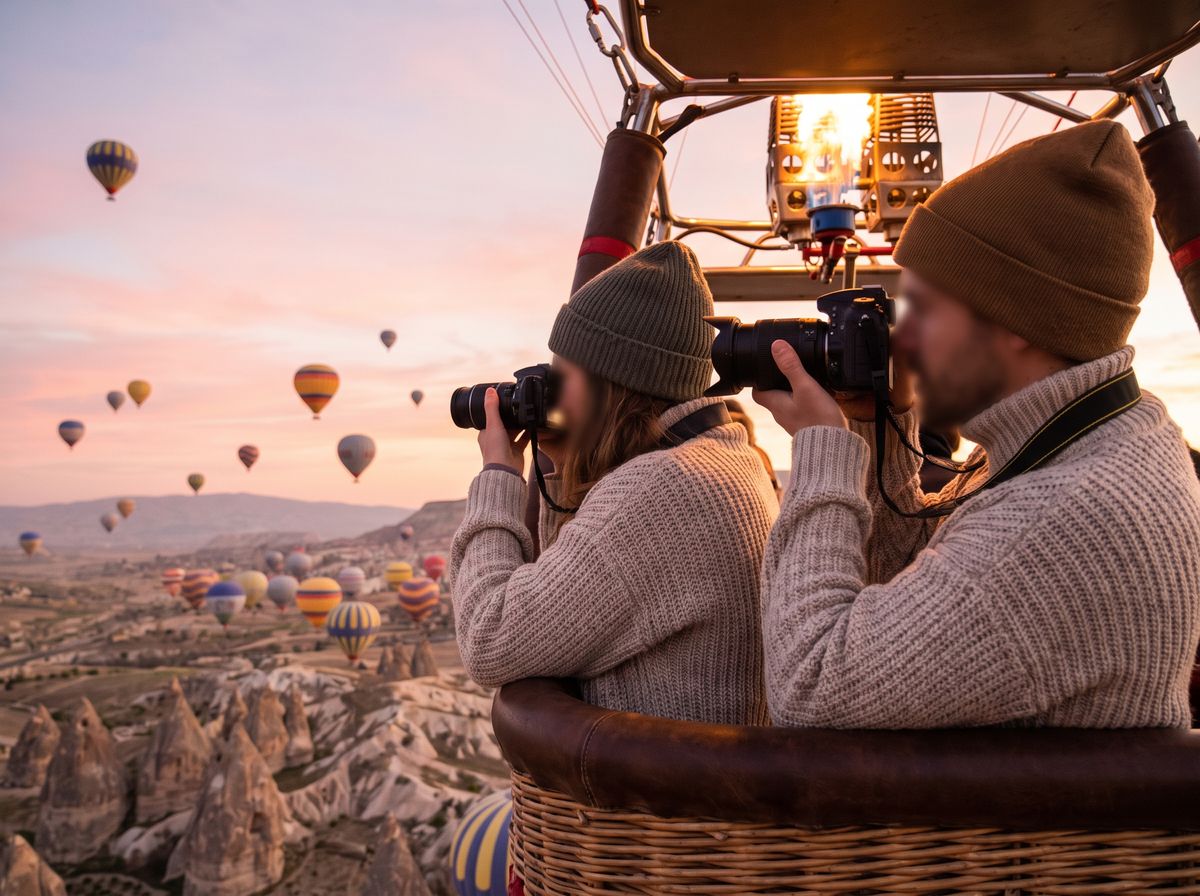 Dozens of colorful hot air balloons rising over the fairy chimneys and valleys of Göreme at sunrise, seen from a Cappadocia cave hotel terrace