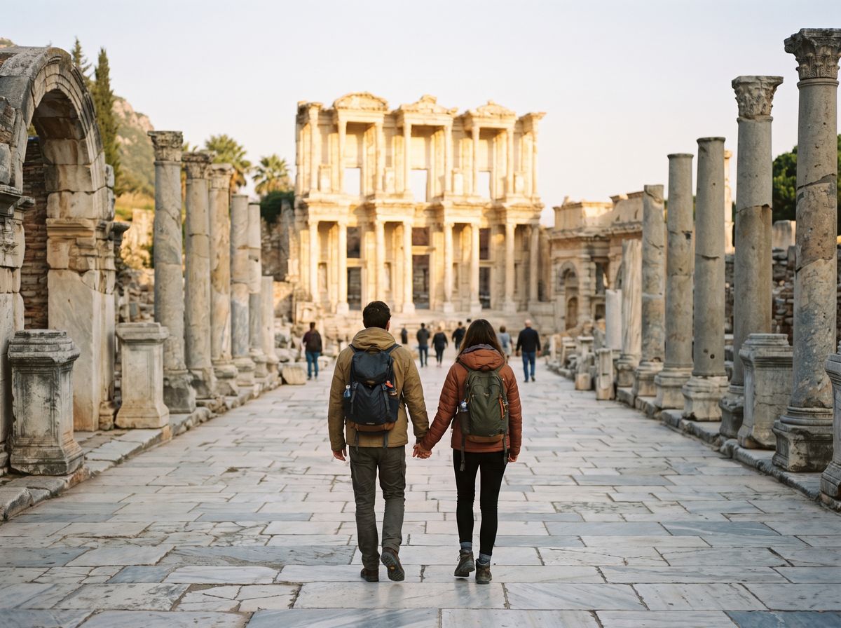 Two-story marble facade of the Library of Celsus at Ephesus in soft early morning light, with an empty marble street in the foreground