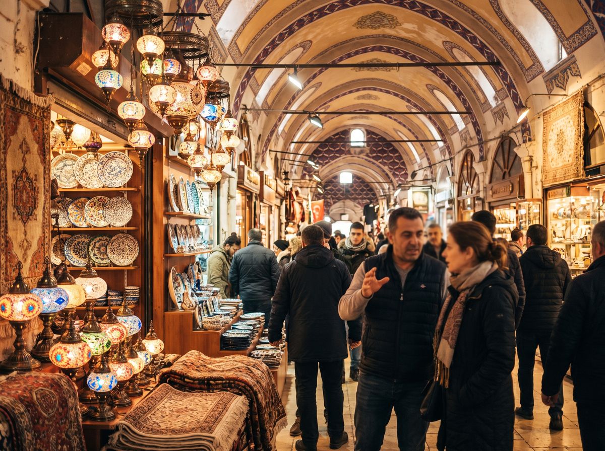 Sunlight falling through the painted vaulted ceilings of Istanbul's Grand Bazaar onto rows of glowing mosaic lamps and gold shopfronts
