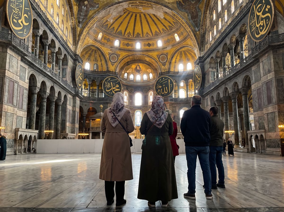 Interior of Hagia Sophia in Istanbul showing the great dome, golden mosaics, and large Islamic calligraphy roundels above the carpeted prayer hall