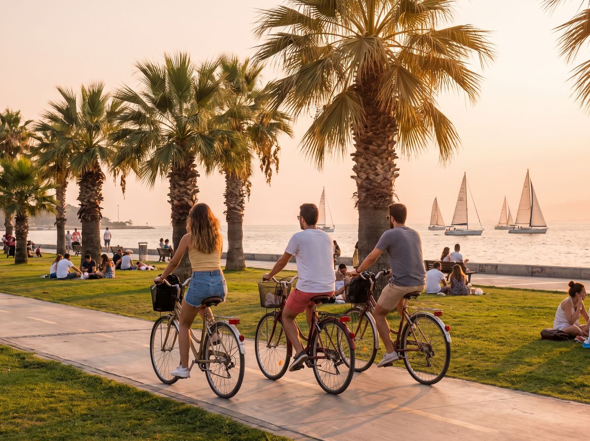 Locals and travelers strolling Izmir's Kordon waterfront promenade at sunset, with the Gulf of Izmir glowing orange beyond the palm-lined lawns