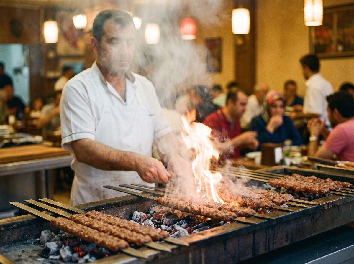 Adana kebab on a wide flat skewer over a charcoal grill, with lavaş flatbread, sumac onions and grilled peppers alongside